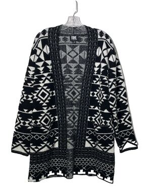 Frye Black White Aztec Geometric Open Front Cardigan Sweater Size Medium Pockets